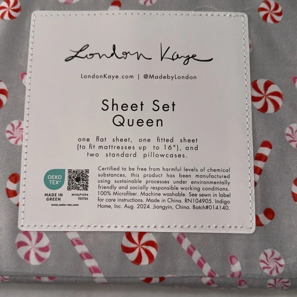 London Kaye Christmas candy cane Queen Sheet Set